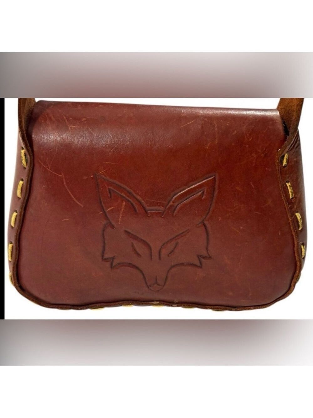 Vintage Handmade Leather Fox Embossed Saddle Bag Boho Rustic Crossbody